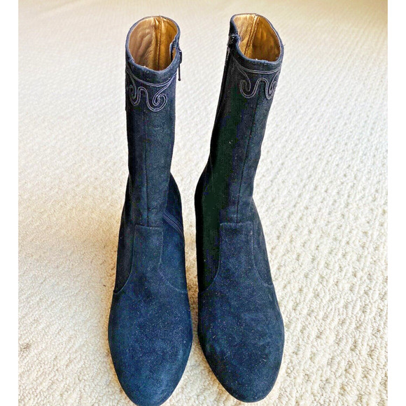 Ann Taylor Black Suede Boots High Heel Mid-Calf Soutache Embroidery  Zip US 7.5M - Picture 6 of 10